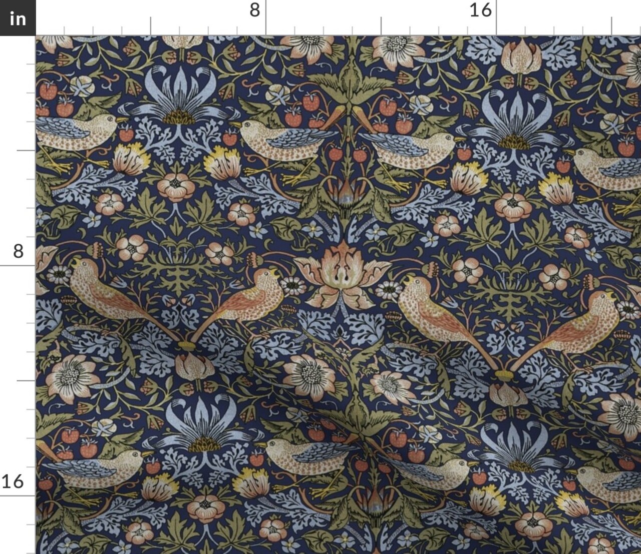 Victorian Floral Morris Inspired Arts And Crafts Damask Birds Art Nouveau Blue Green Custom Printed Fabric by Spoonflower Various Fabrics by the Yard or Fat Quarter
